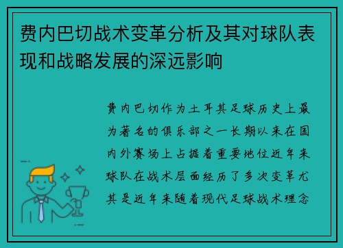 费内巴切战术变革分析及其对球队表现和战略发展的深远影响
